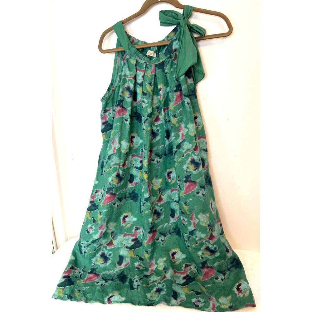 Bella Umbra 100% Linen Tie Neck Size Large Floral Watercolor Green Dress Italy